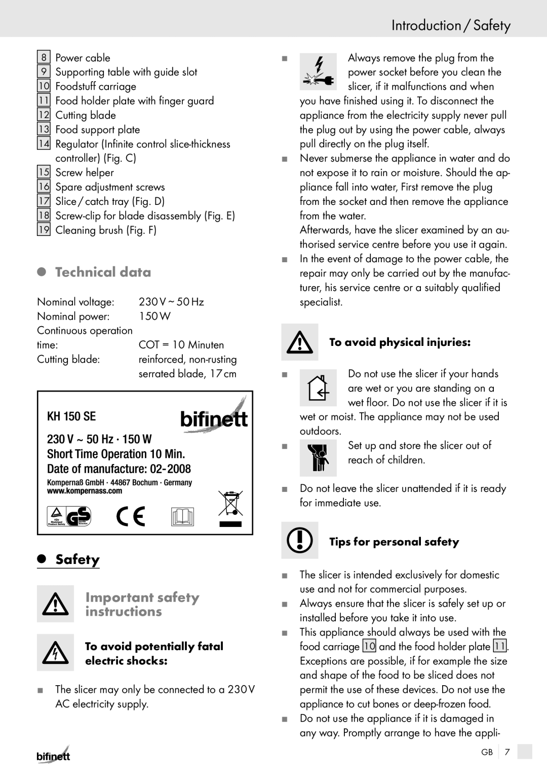 Bifinett KH 150 Introduction / Safety, Technical data, Important safety instructions, Time COT = 10 Minuten Cutting blade 